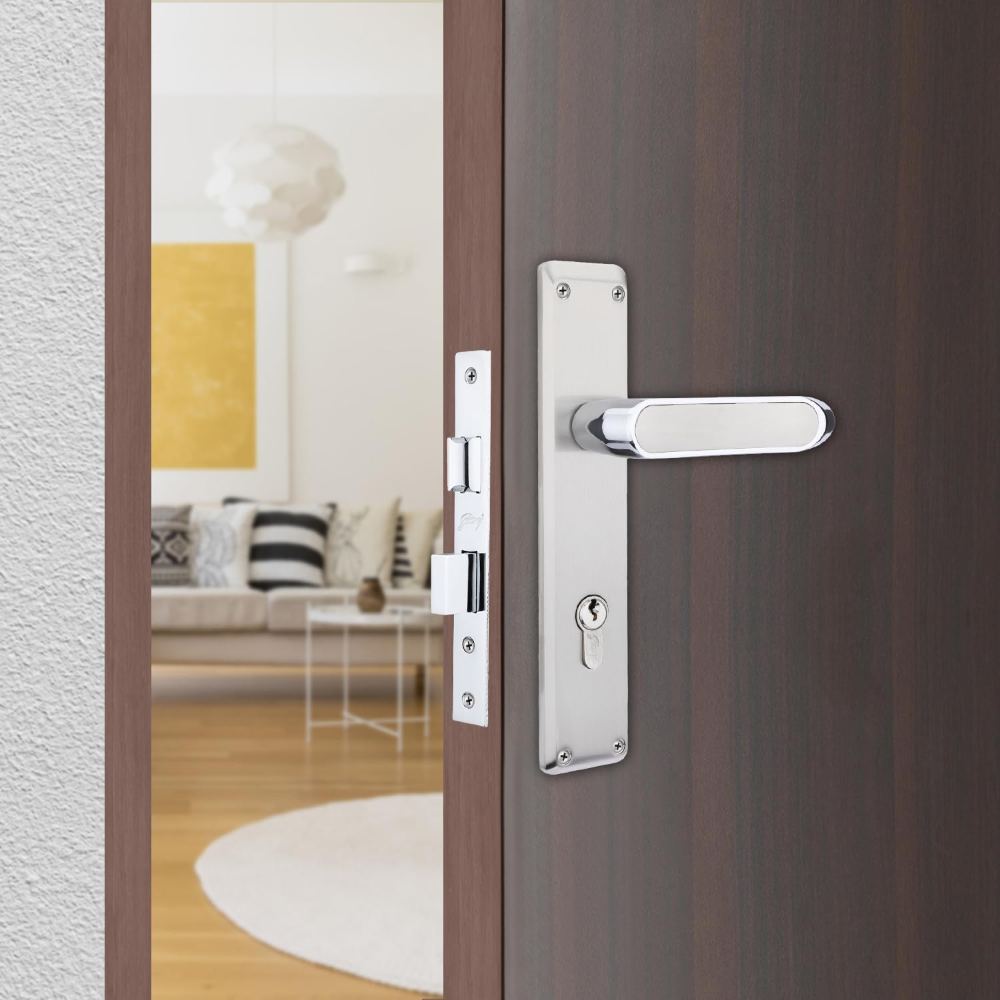 Godrej Mortise Lock|Handle Lock Set for Main & Internal Door of Home & Offices|NEH 21|Satin Steel Finish|8 inch Lockbody|60 mm Cylinder Key from Outside knob from Inside with 3 Keys|5 Years Warranty